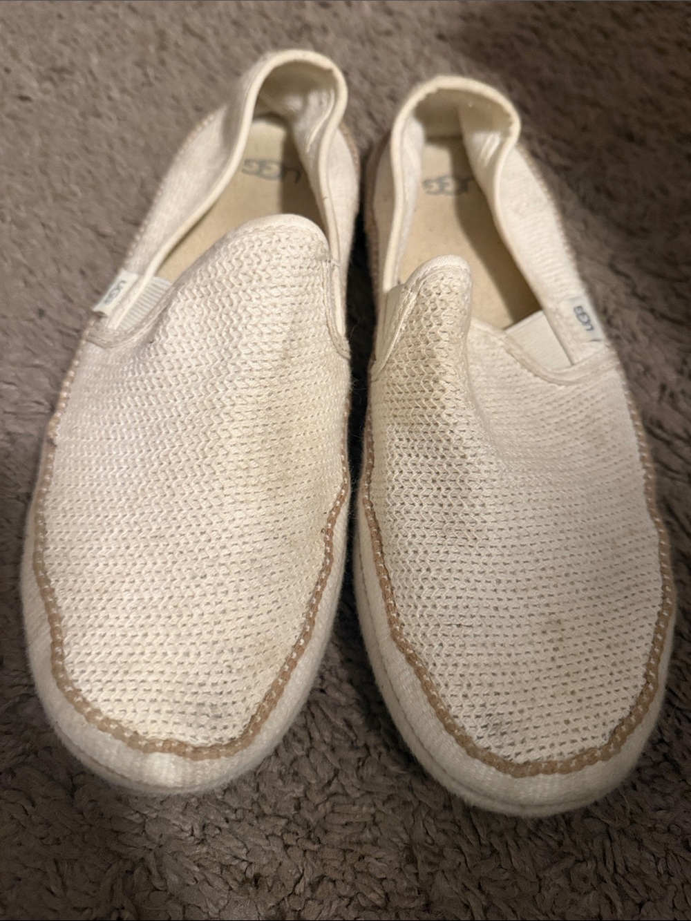 UGG Cream Knit Slip-On Loafers with Tan Stitching